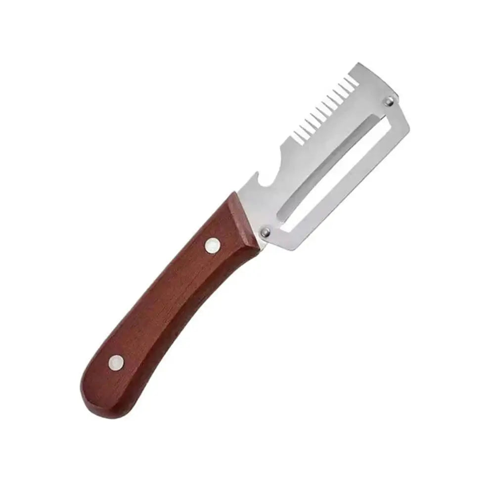Stainless Steel Scallion Shredder Multifunction Kitchen Peeler Squid Cutter Onion Slicer with Wooden Handle Quake brown