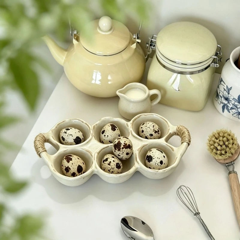 Vintage Ceramic Egg Storage Tray 6‑Grid Egg Holder with Rope Handle Refrigerator Kitchen Egg Container for Home Organization Quake