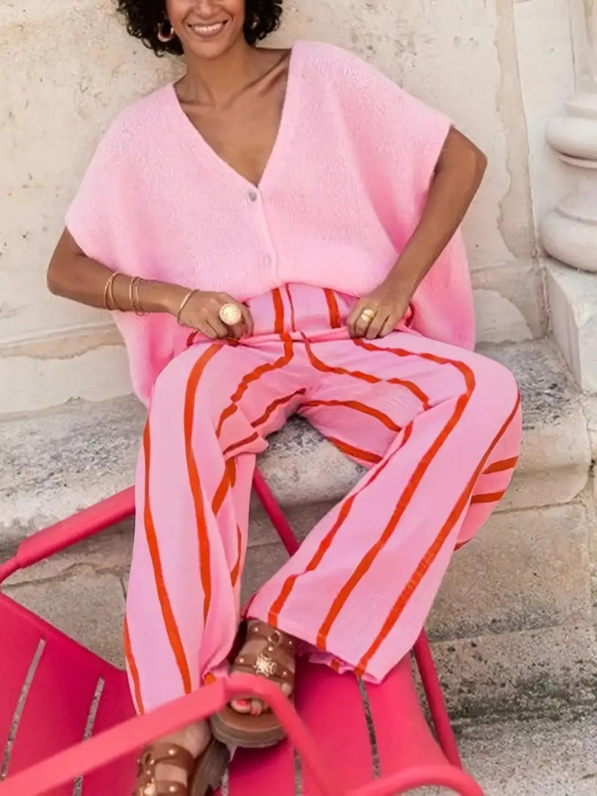 Women's Vertical Stripe Wide-leg Pants, Elastic Waist Pleated Casual Trousers, Resort Style Loose Slimming Floor-length Quake 1 M