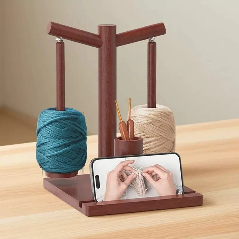 Wooden Yarn Winder Stand Rotating Double Head with Phone Holder for Knitting Crochet Thread Ball Organizer Craft Spindle Crafter Quake