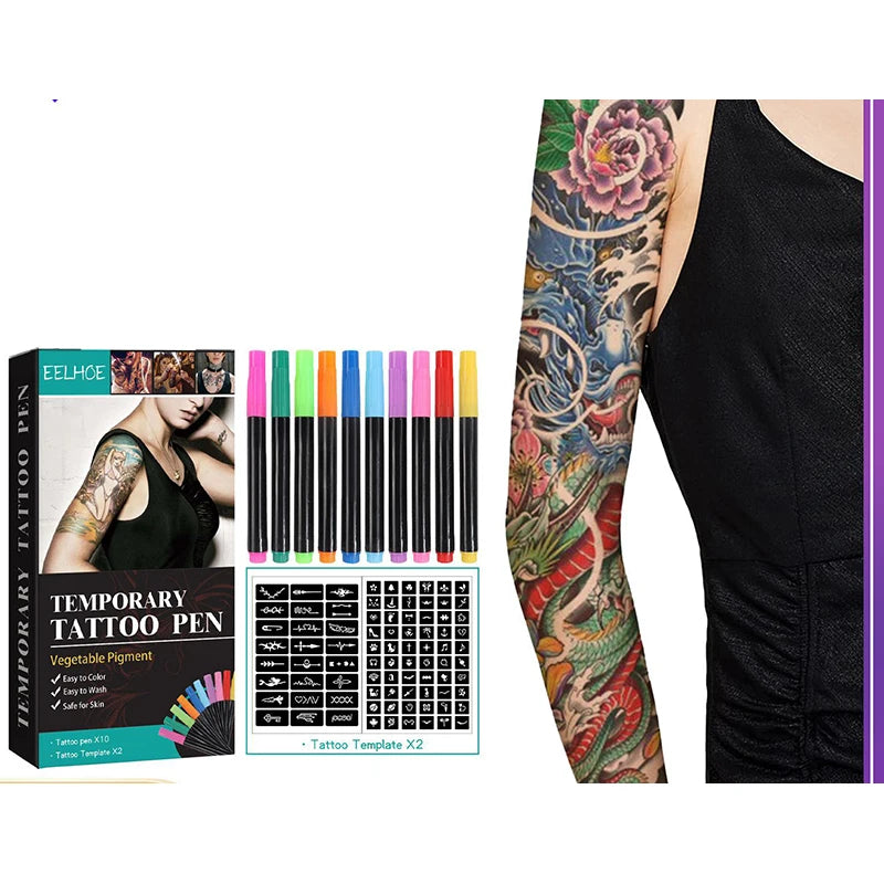 Temporary Skin Tattoo Pen Set with 10 Colors,Allowing for Bold And Fine Lines on The Body Face arms,Long-Lasting DIY Colors Quake