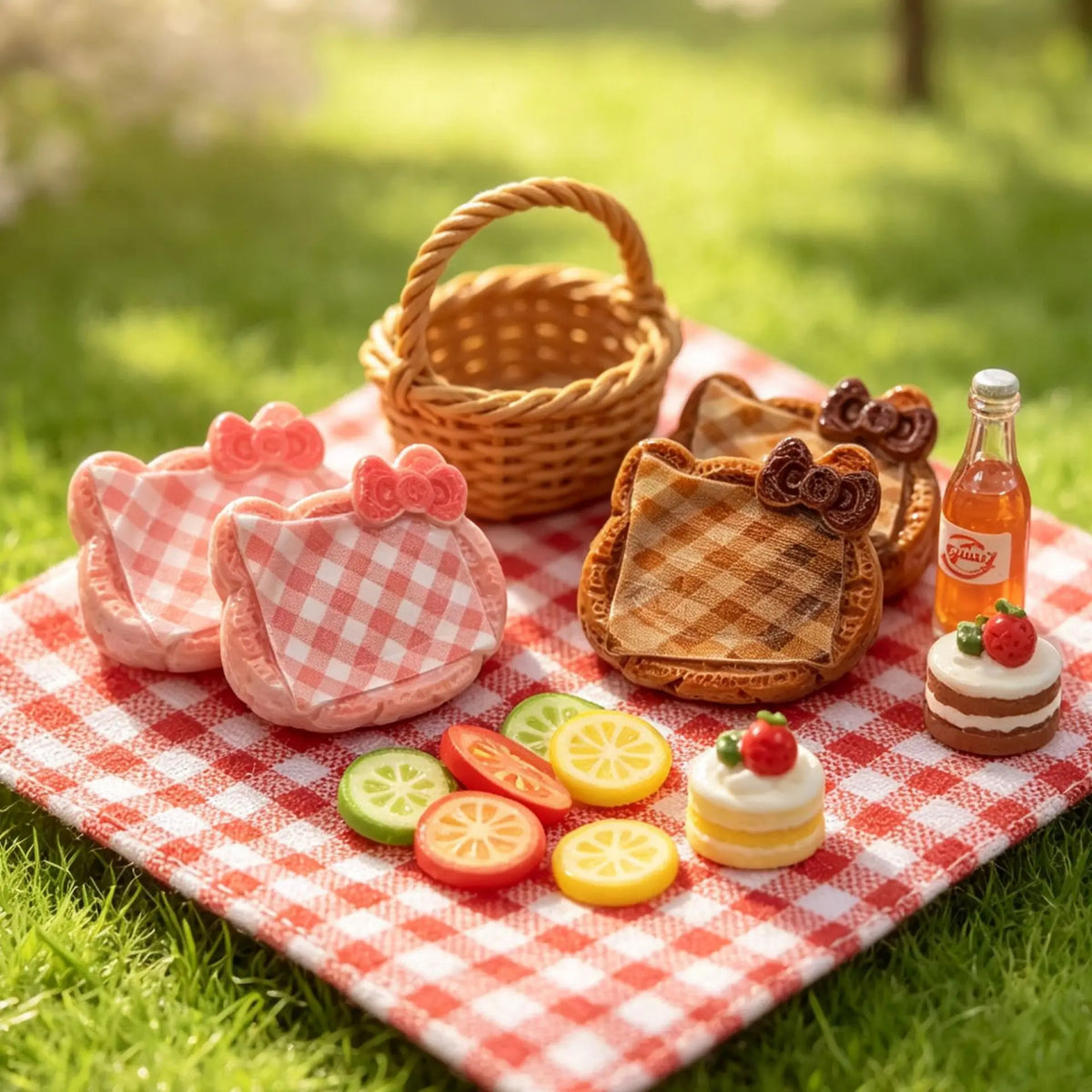 10Pcs Kawaii Cartoon Bowknot Plaid Woven Basket Miniature Dollhouse Resin For Basket Model DIY Ornament Doll Toys Accessories Quake