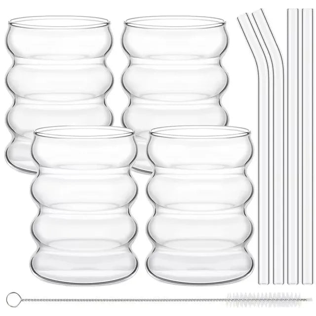 YWDL 4pcs Glass Cups Coffee Mug Clear Drinking Glasses Ribbed Glassware Cups With Straws Set Cocktail Fruit Glass Drinkware Quake SET 300ml