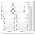 YWDL 4pcs Glass Cups Coffee Mug Clear Drinking Glasses Ribbed Glassware Cups With Straws Set Cocktail Fruit Glass Drinkware Quake SET 300ml