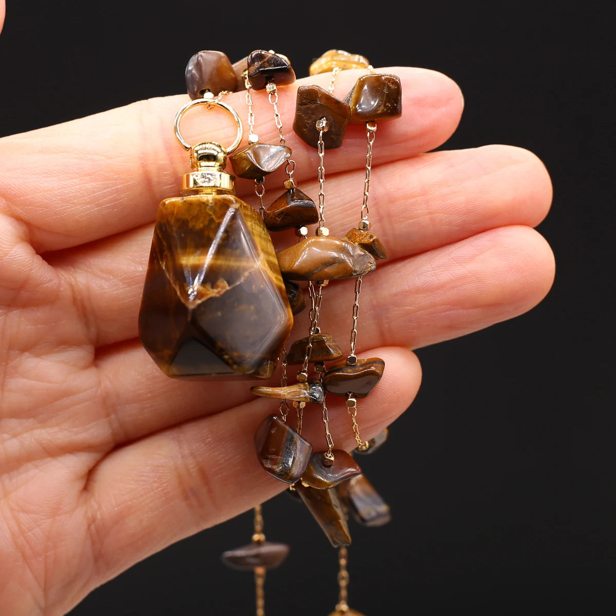 Perfume Bottle Necklace Natural Stone Tiger Eye Perfume Bottle Pendant For Women Christmas Halloween Gift Chain 80cm Quake 23x33mm