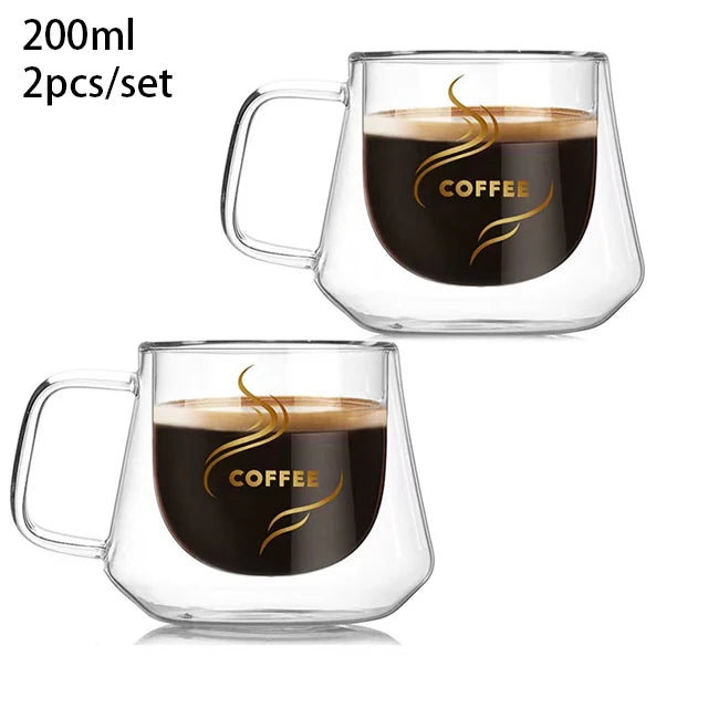 YWDL 2pcs 200ml Double Wall Glass Coffee Mug Heat-resistant Espresso Cup Thermo Insulated Cup Tea Water Drinkware Set Quake B B Patterned 2pcs 200-220ml