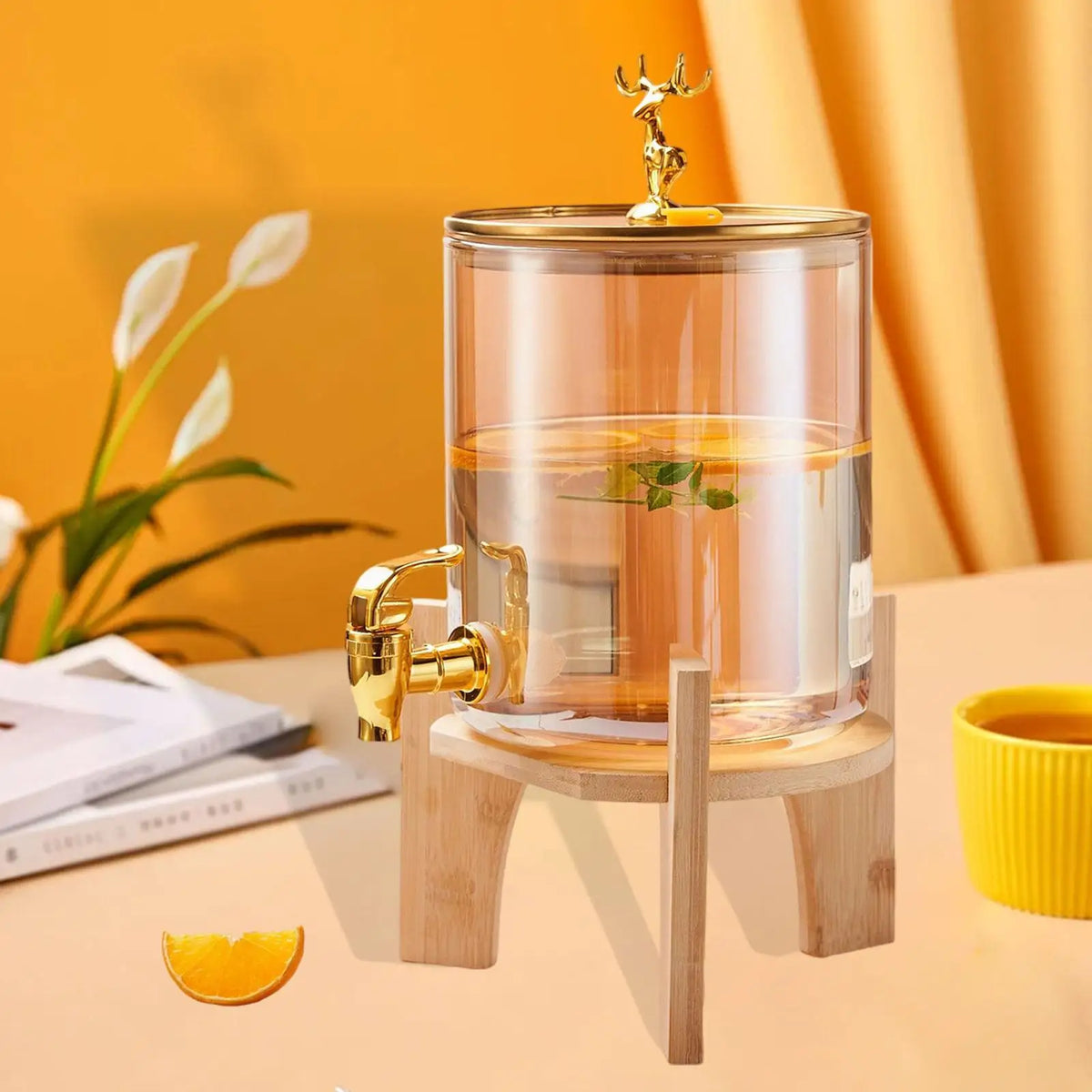 Cold Kettle Drink Dispenser with Glass Body and Bamboo Stand Party Drink Jug for Events Gatherings Different Cups Use Quake Gold