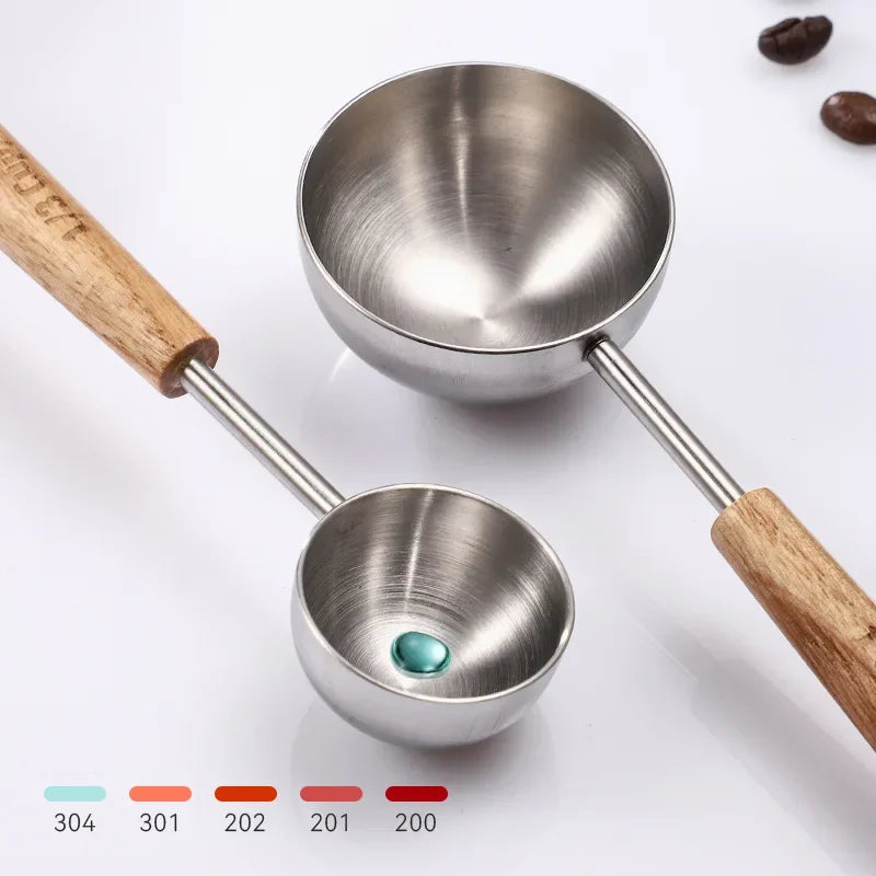 Wood‑Handle 304 Stainless Steel Measuring Spoon Scale Mark Coffee Powder Seasoning Baking Tool Measuring Spoon Quake