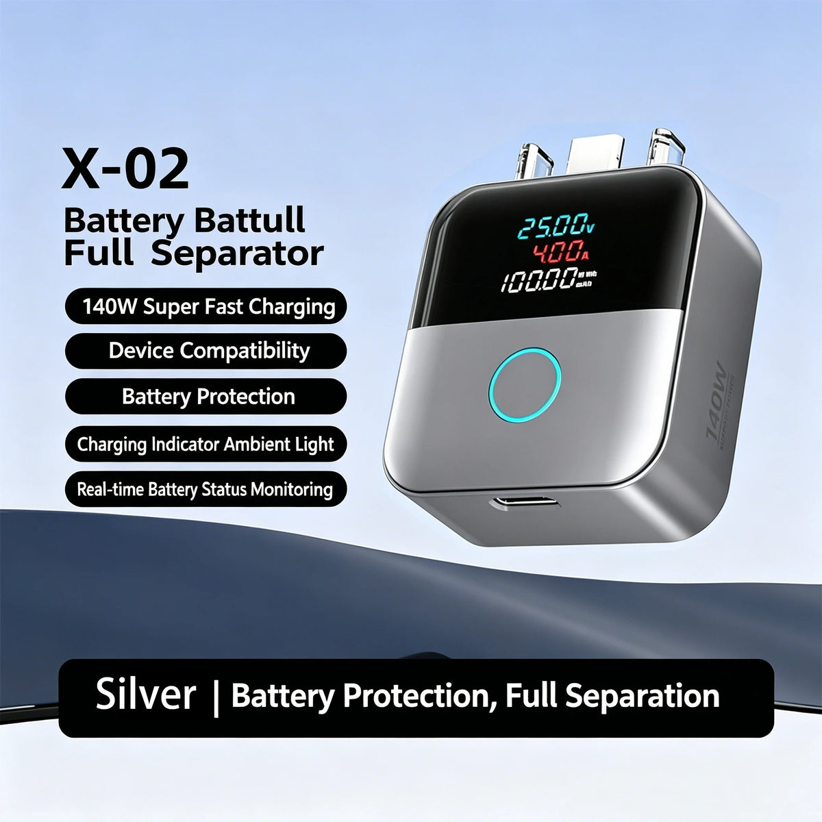 Type-C 140W Physical-Disconnect Battery Guard Anti-Overcharge Protection for Safe Overnight Charging Smart Auto Stop Charging Quake Sliver