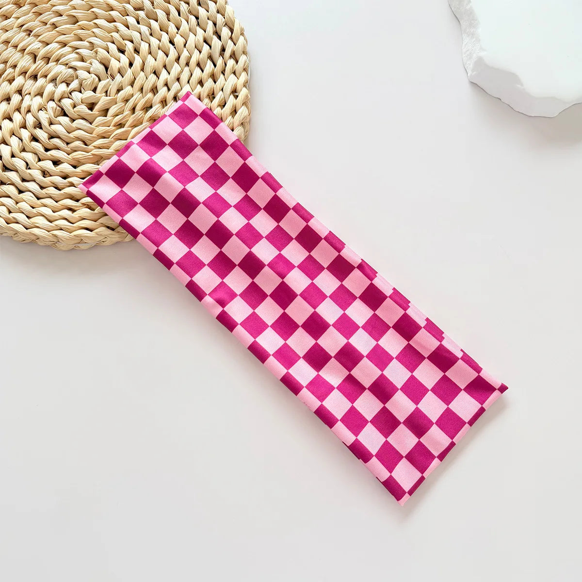 Chequered Headband Fashion Plaid Widened Elastic Headband Hair Styling Accessories for Sports Fitness Sweat-absorbing Hairband Quake pink