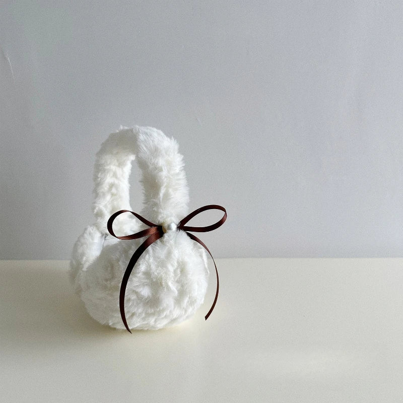 1pc Winter Warm Sun Pearl Bow Plush Earrings Female Students Windproof Ear Protection Warm Earrings Quake White