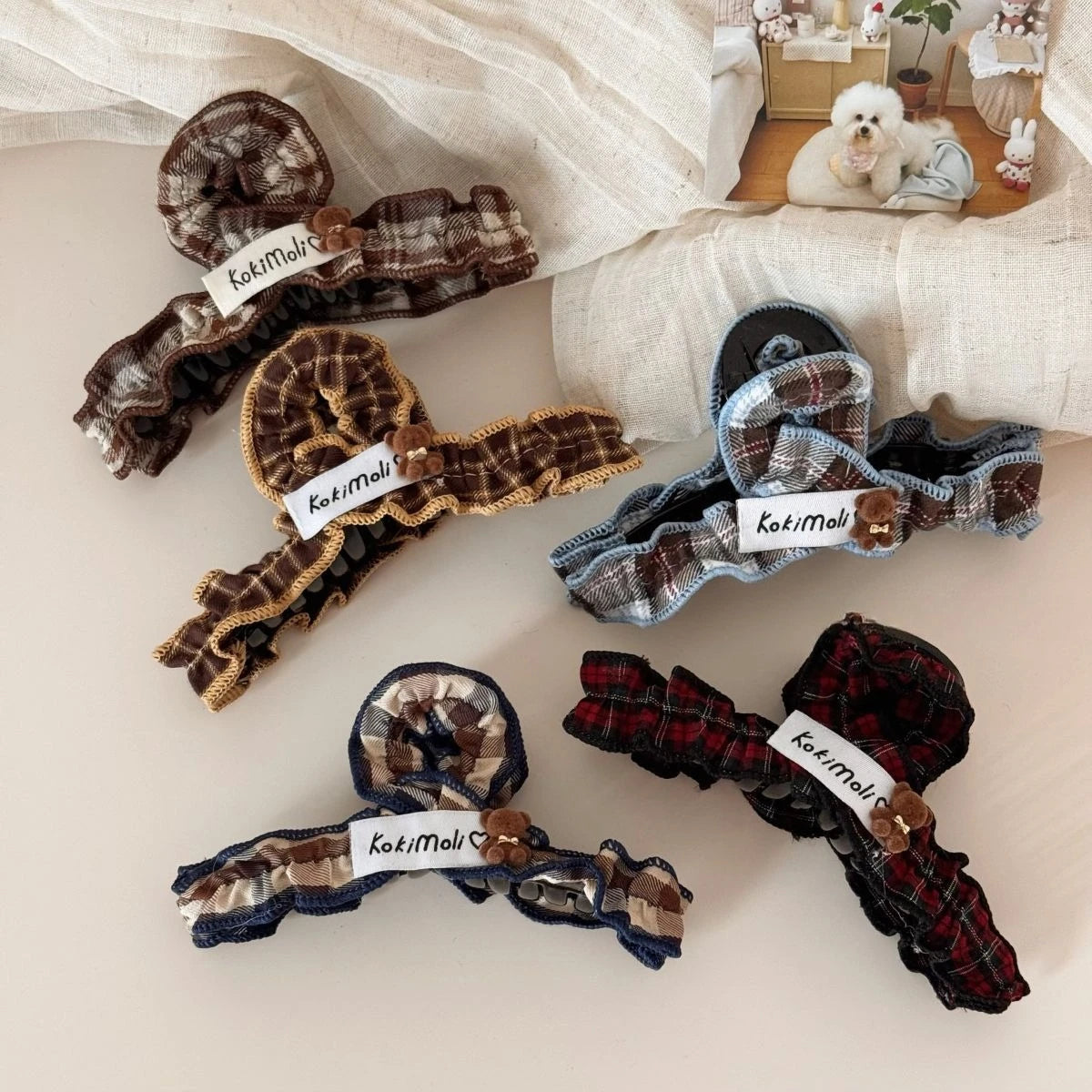 Velvet Teddy Bear Plaid Fabric Pleated Hair Claw Sweet Temperament Shark Clip Women Sweet Hair Accessories Ponytail Clip New Quake