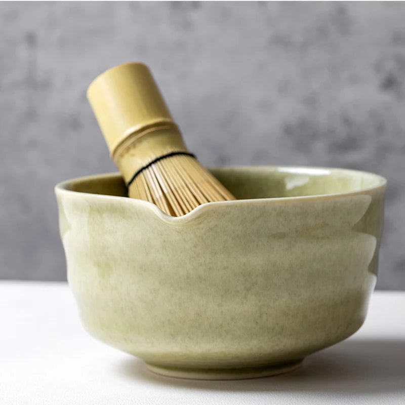 YWDL 6pcs Japanese Matcha Tea Set Ceramic Bowl with Spout 100 Prongs Bamboo Whisk Chasen Holder Sifter Sage Green Gift Box Quake