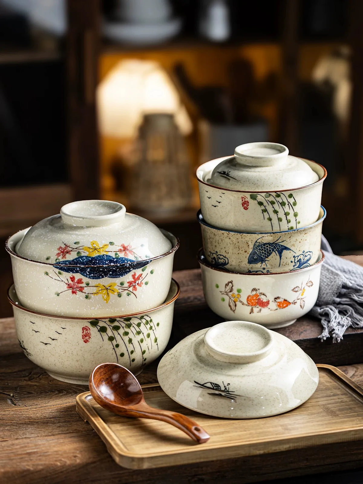 YWDL 750ml Japanese Style Ceramic Bowl With Lid Vintage Soup Bowl Microwave Safe Ramen Rice Serving Bowl For Home Kitchen Quake