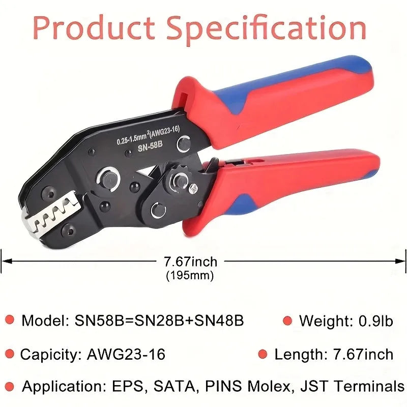 SN-58B Ratchet Crimper Tool for 0.25-1.5mm² AWG (24-16) - Compatible with Dupont, TE, JST, Molex Connectors - Black & Red Handle Quake