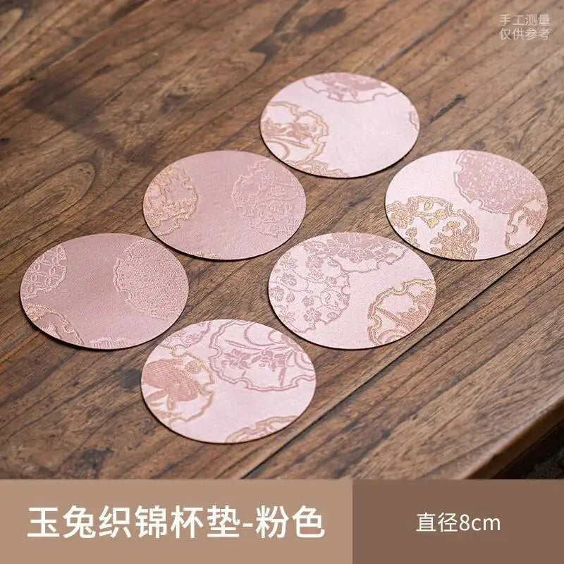 Chinese Tea Set Brocade Coaster Double-Sided Cup Mat Fabric Round Heat Insulation Mat Teapot Mat Diameter 8cm Traditional Quake Set of 6 - Pink