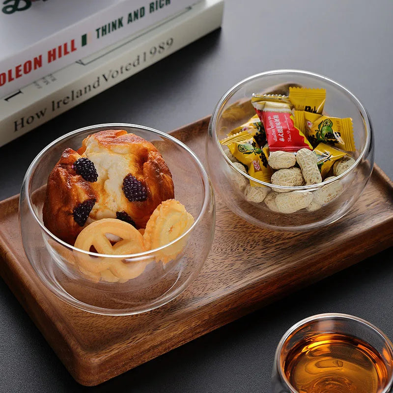 YWDL Double Wall Glass Bowls 300ml/500ml High Borosilicate Dessert Bowl Serving Bowls for Salad Yogurt Ice Cream Soup Quake