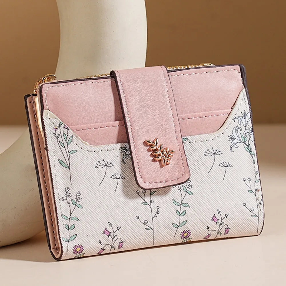 Fashion PU Leather Women Short Wallet Multi-Cards Small Flowers Slim Small Wallet Zipper Hasp Coin Purse Women Quake Pink
