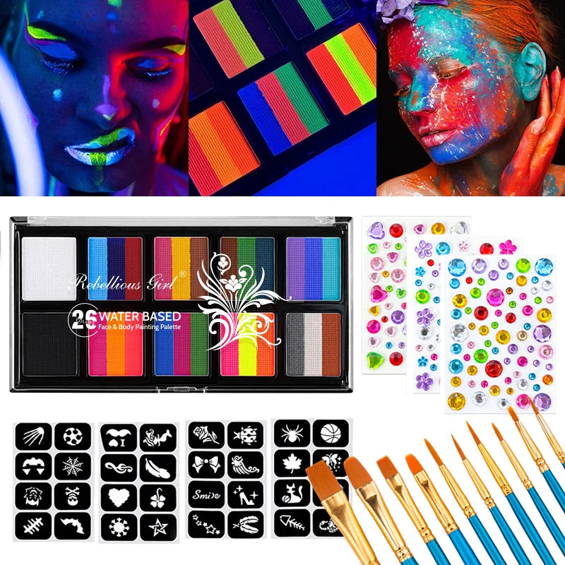 10 Colors Face Body Palette with Brushes and Palettes for Halloween,Christmas Body Painting,Easy to Clean, Effects Makeup Set Quake Face Body D