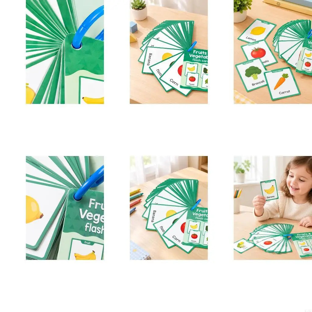 20 Sheets Spanish Fruit and Vegetable Learning Flash Cards, Ring-Bound Picture Word Set Covering 38 Vocabulary Terms for K1KF Quake CN