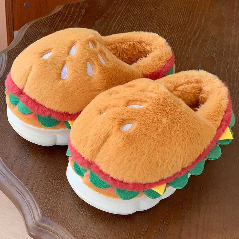 Hamburger Cotton Slippers for Women in Winter New Home Bag and Warm Plush Couple Cotton Shoes for Women Quake