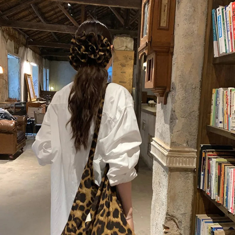 Retro Leopard Print Oversized Hairbands Double-layer Large Intestine Hair Scrunchies Versatile High Elastic Rubber Bands Ropes Quake