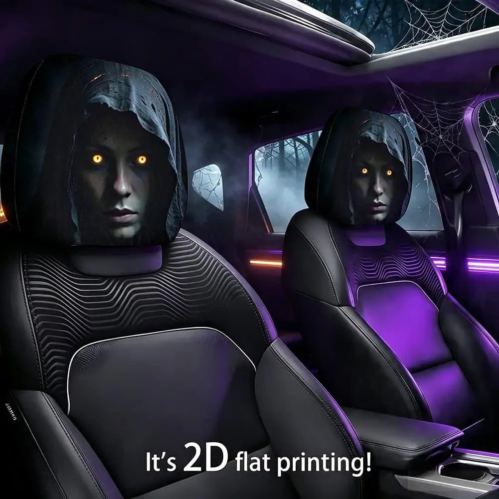 Halloween Car Headrest Covers 2Pcs Scary Face Print Stretch Dustproof Seat Protector Universal Horror Car Interior Accessories Quake
