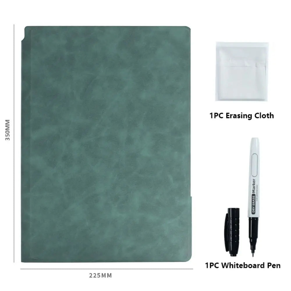 Reusable A4 Whiteboard Notebook With Whiteboard Pen Leather Erasable Whiteboard Draft With Erasing Cloth Stationery Quake Green