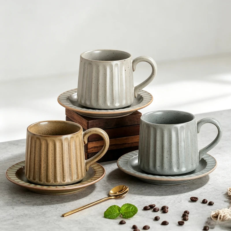 Japanese Retro Coarse Ceramic Cup Saucer Set Vintage Vertical Striped Mug Home Afternoon Tea Coffee Cup for Household Use Quake