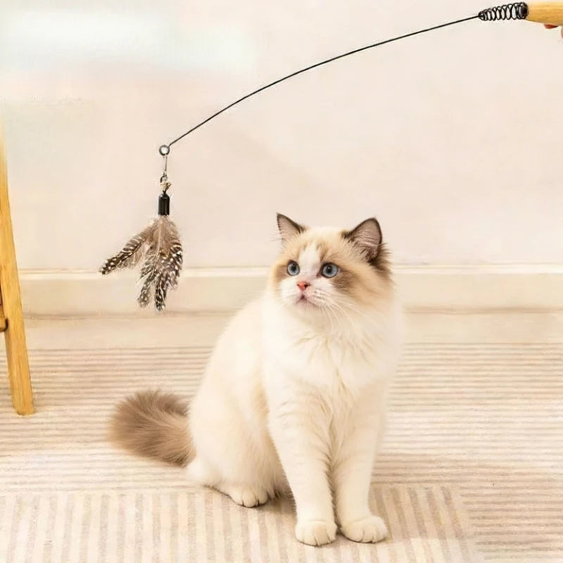 Wooden Handle Cat Teasing Stick Feather Bell, Detachable And Replaceable Head, Resistant To Scratching And Relieving Boredom Quake