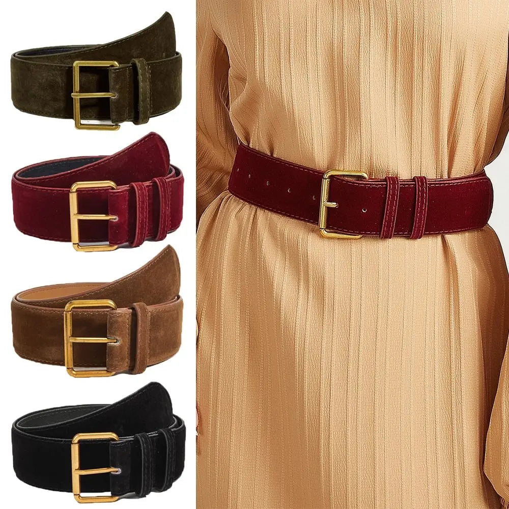 Women Fashion Luxury Design Suede Leather Wide Belt Trendy Casual Business Waist Strap Versatile Trouser Dress Belts Gifts Quake