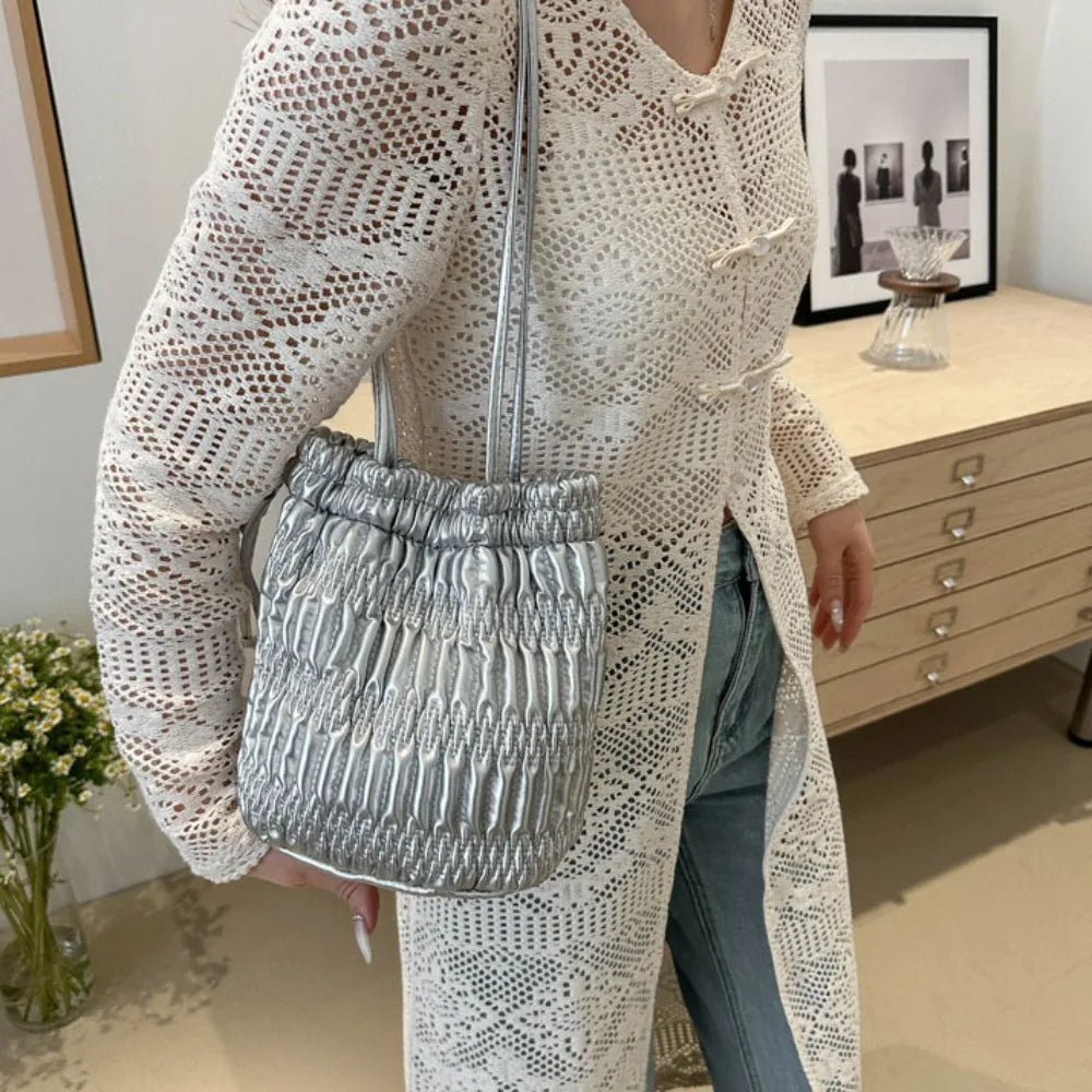 Hot Sale Large Capacity Shoulder Bag Trendy Casual Handbag Drawstring Bucket Bag Lady Quake
