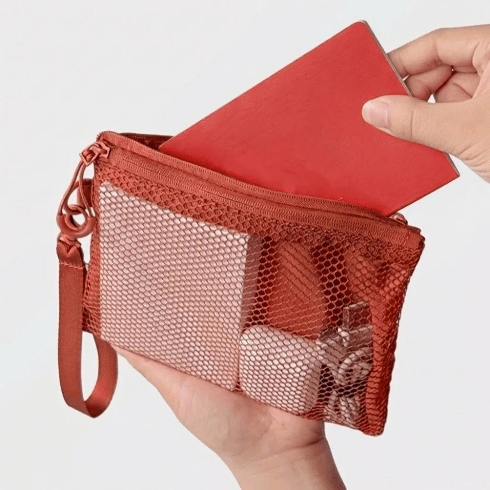 Lightweight Mesh Storage Bag Polyester Solid Color Toiletry Bag With Zipper Multifunctional Cosmetic Bag Toiletry Storage Quake Orange-red-M