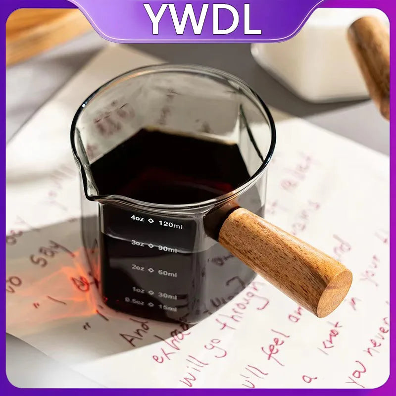 YWDL 120ml Glass Espresso Measuring Cup with Wood Handle Hexagon Milk Jug Coffee Supplies Sauce Cup Serving Pitcher Quake