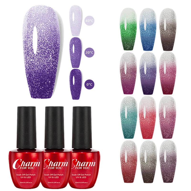 10ml Glitter Thermal Gel Nail Polish 3 Layers Temperature Changing Semi Permanant Soak Off UV LED Nail Art Gel Varnish DIY Gel Quake