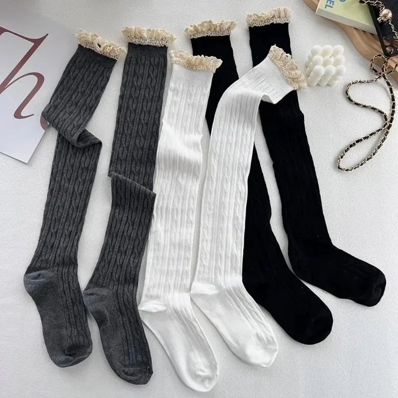 Japanese Sweet Lace Cording Socks Over Knee Thigh Retro Fried Dough Twists Lolita Wears Small Boots Socks Female Quake