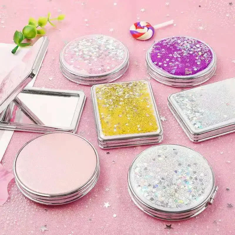 Portable Double-Sided Folding Makeup Mirror Women Gifts with Flowing Sparkling Sand Mini Cosmetic Mirror Compact Pocket Mirrors Quake
