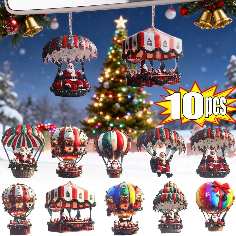 Christmas Wooden Pendant Hot Air Balloon Santa Claus 2D Flat Wooden Ornaments Christmas Tree Decoration Perfect New Year Gift Quake