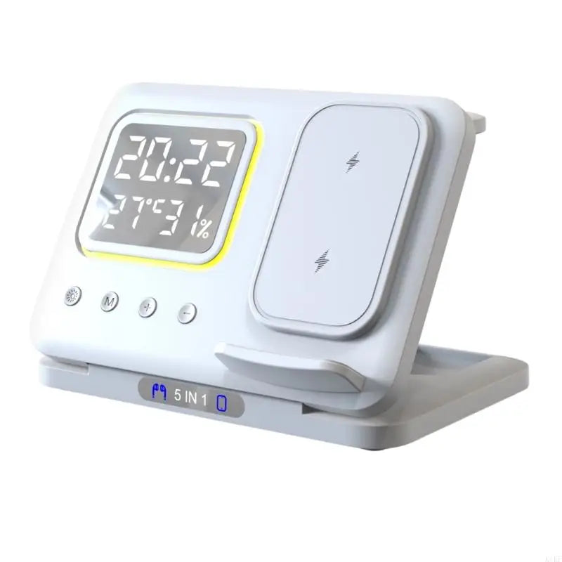 5 In 1 Wireless Charging Station With LED Clock And Night Light Suitable For Bedside Office Desk Convenient Phone Stand K1KF Quake White CN