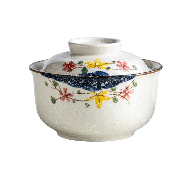 YWDL 750ml Japanese Style Ceramic Bowl With Lid Vintage Soup Bowl Microwave Safe Ramen Rice Serving Bowl For Home Kitchen Quake blue flower