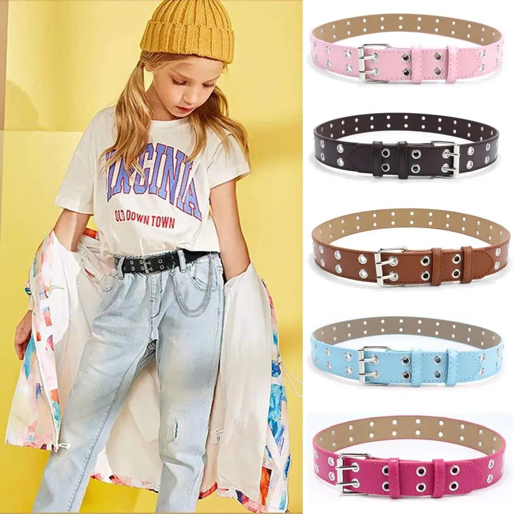 Fashion Punk Waistband PU Leather Double Holes Waist Strap Metal Pin Buckle Solid Color Decoration Belt Children Quake