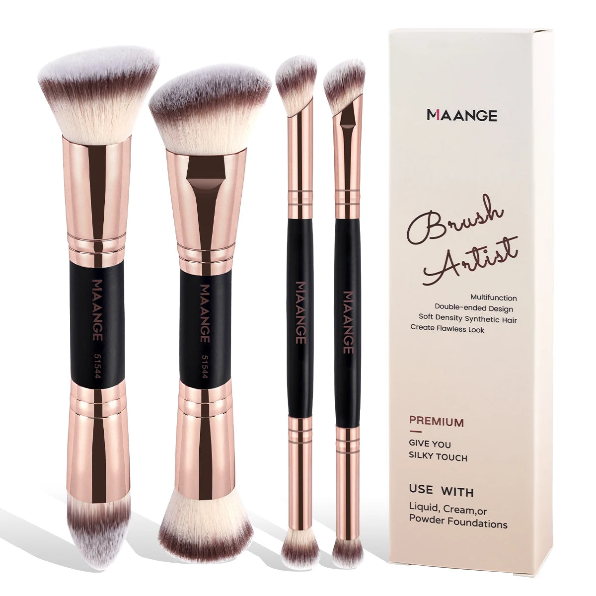 MAANGE 4pcs Basic Makeup Brushes Set With Box Dual-ended Foundations Powder Blush Details for Eyeshadow Brushes Beginner Travel Quake Black Champagne