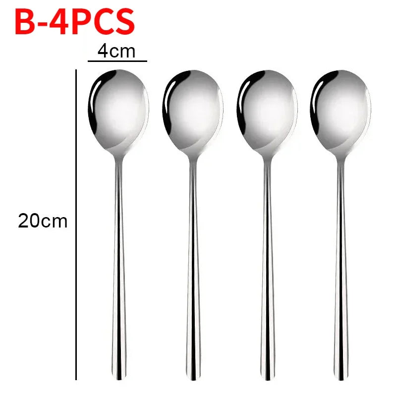 4/1Pcs Large Stainless Steel Spoon Long Handle Soup Spoons Round Scoops for Dinner Dessert Hot Pot Colander Kitchen Tableware Quake B-4PCS