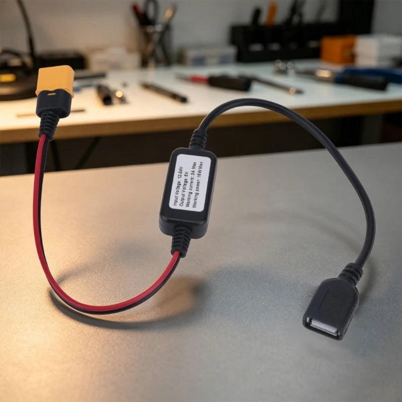 Voltages Converters Cable with 60 Male Input, USB-A Female Port, and Inline Module for Converting DC12-24 V Battery Power K1KF Quake CN
