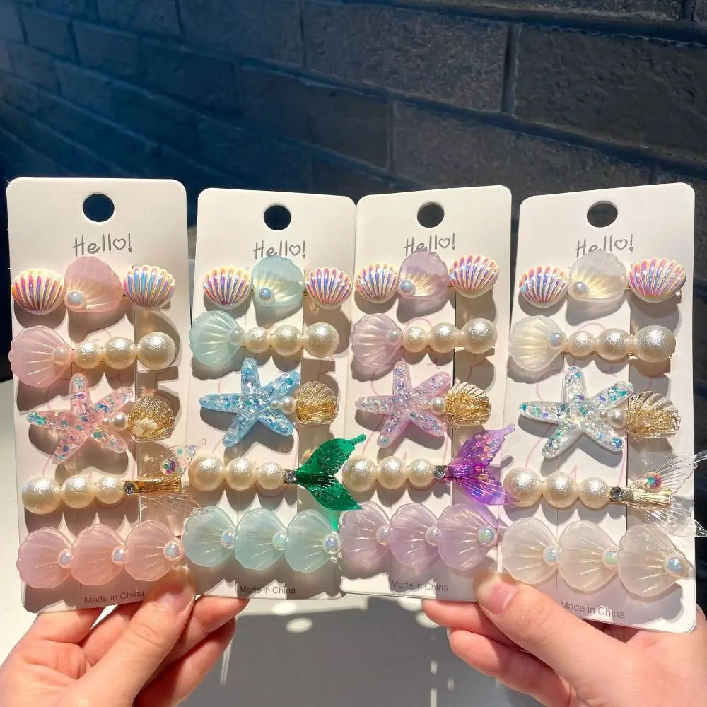 5pcs New Ocean Series Shell Starfish Hair Clips Pink Pearl Mermaid Hairpins Purple Princess Headdress Hair Accessories Quake