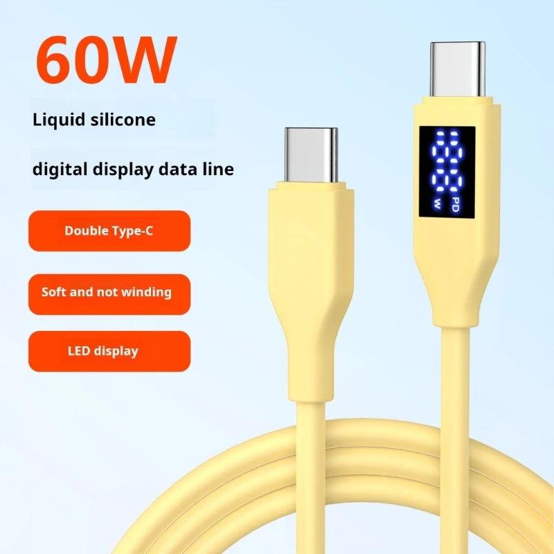 Double Type C Fast Charging Cable With LED Display 60W Power Delivery USB 2.0 Data Transfer Silicone Cord For Phones K1KF Quake