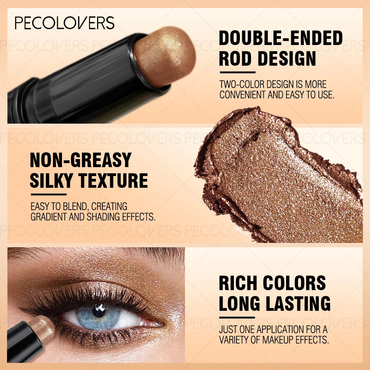 Double-ended Eyeshadow Stick, Eye Highlighter, Two-color Application, One-touch Setting, Waterproof, Eye Cosmetics Quake