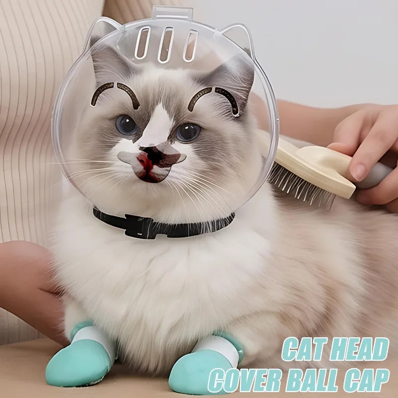 Cat Head Cover Pet Grooming Cover Accessory Cat Anti Bite Anti Licking Space Hood Breathable Helmet with 4 Silicone Paw Shoes Quake