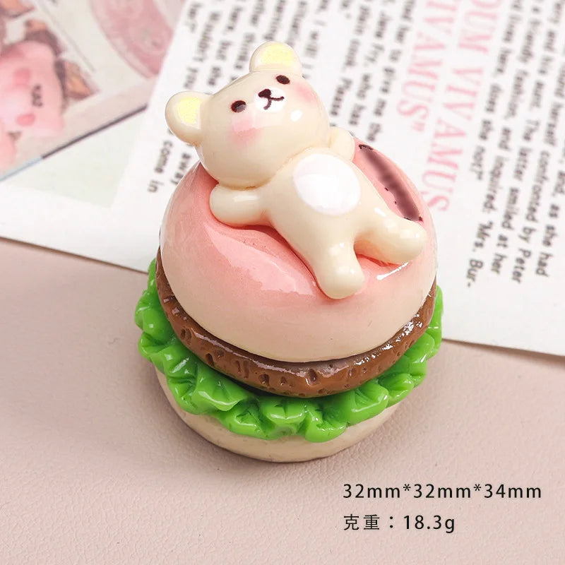 5Pcs Simulation 1:12 Bear Hamburger Resin Cabochon 3D Miniature Fake Food For Craft DIY Jewelry Making Dollhouse Accessories Quake pink