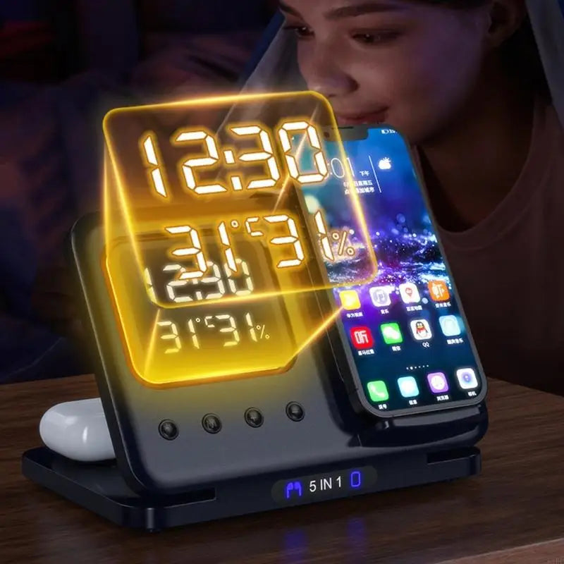 5 In 1 Wireless Charging Station With LED Clock And Night Light Suitable For Bedside Office Desk Convenient Phone Stand K1KF Quake
